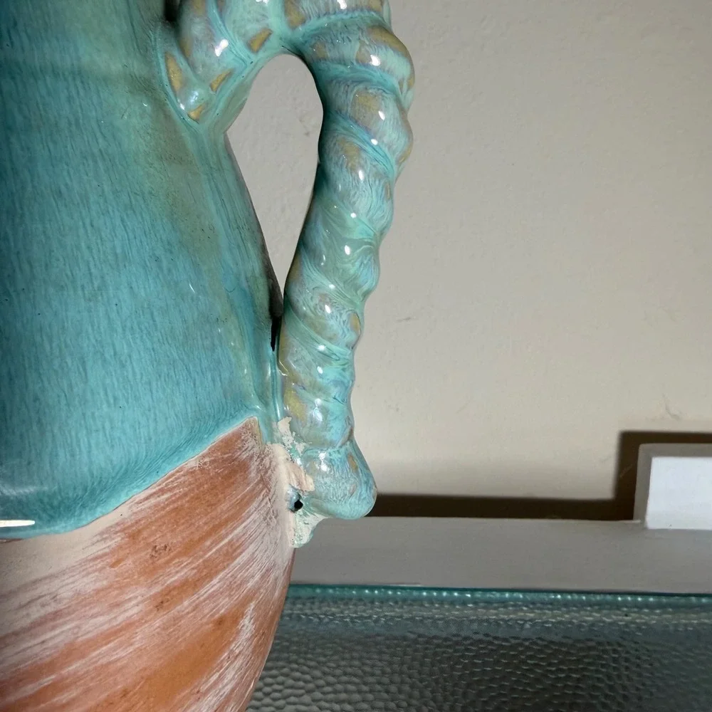 Terracotta Lion Head Vase Turquoise Drip Glaze Twisted Handle Amphora 11.25
